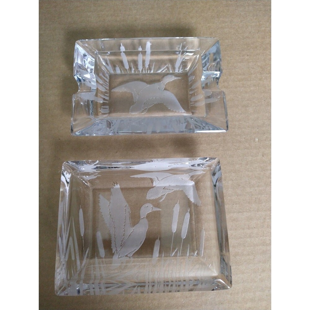 Set Etched Glass Ashtray and Trinket Dish Mallard Duck & Cattails Duncan Miller